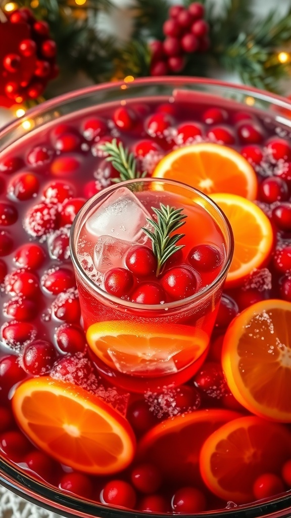 A festive bowl of Christmas punch with cranberries and citrus slices, served in a glass with ice.